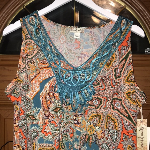 World Unity Matisse Paisley Print Embroidered Sleeveless High Low Dress - Picture 8 of 16